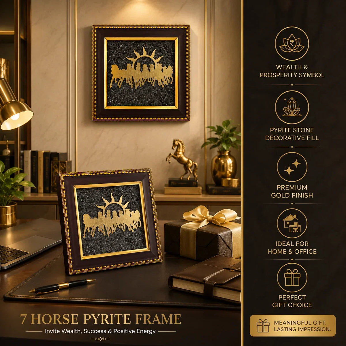7 Running Horses | Golden Pyrite Crystal Stone Frame | Wealth & Success