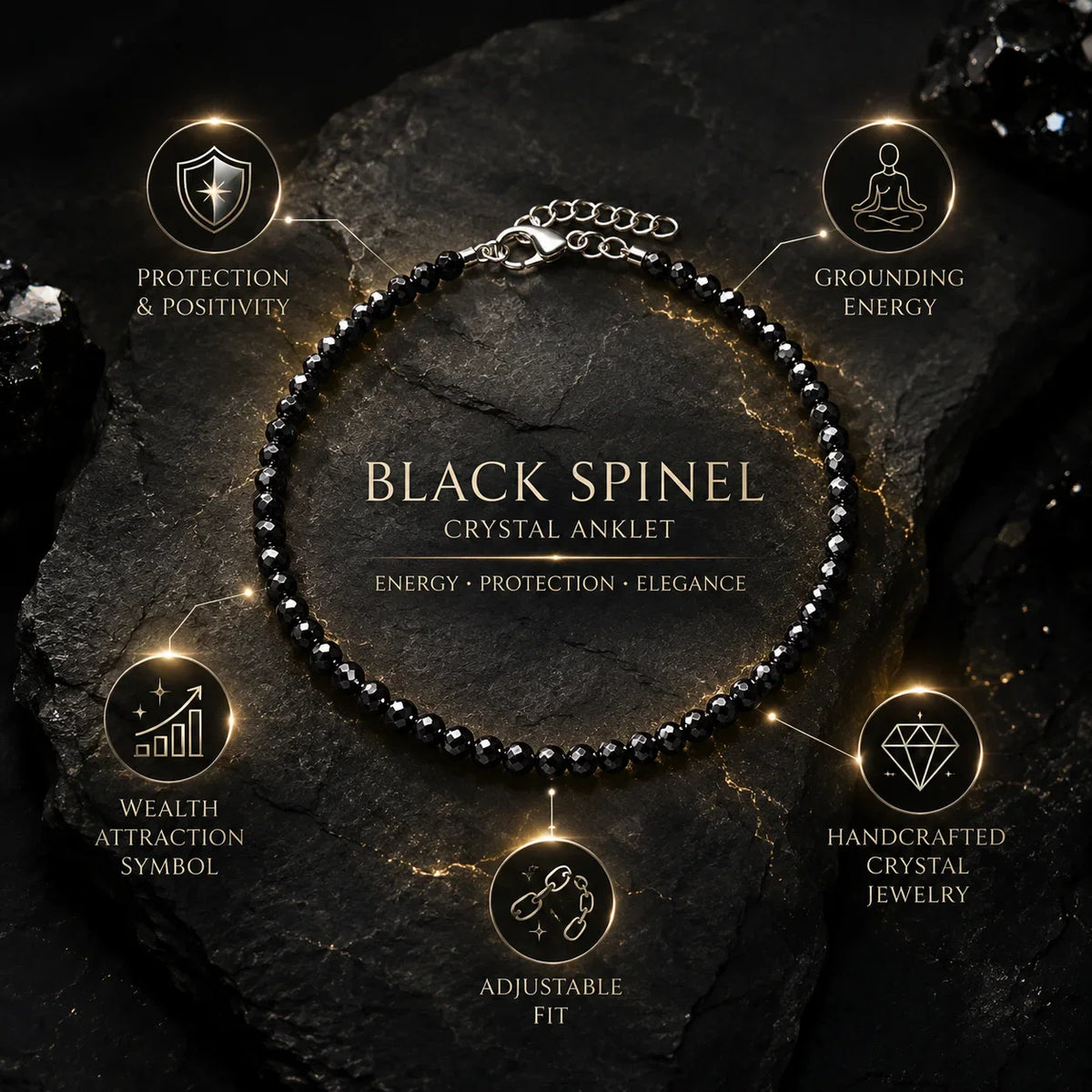 Natural Black Spinel Crystal Stone Anklet | Protection & Grounding