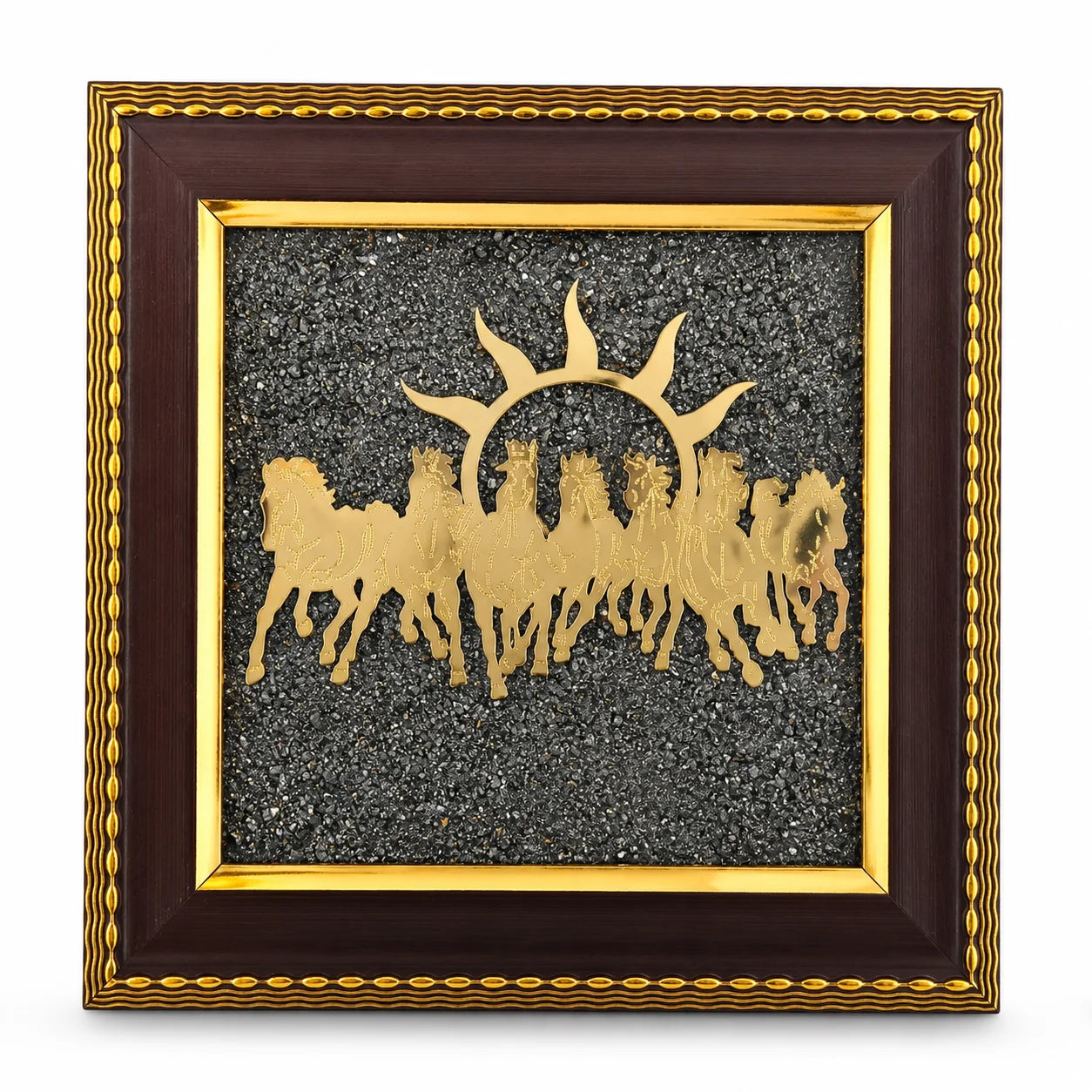 7 Running Horses | Golden Pyrite Crystal Stone Frame | Wealth & Success