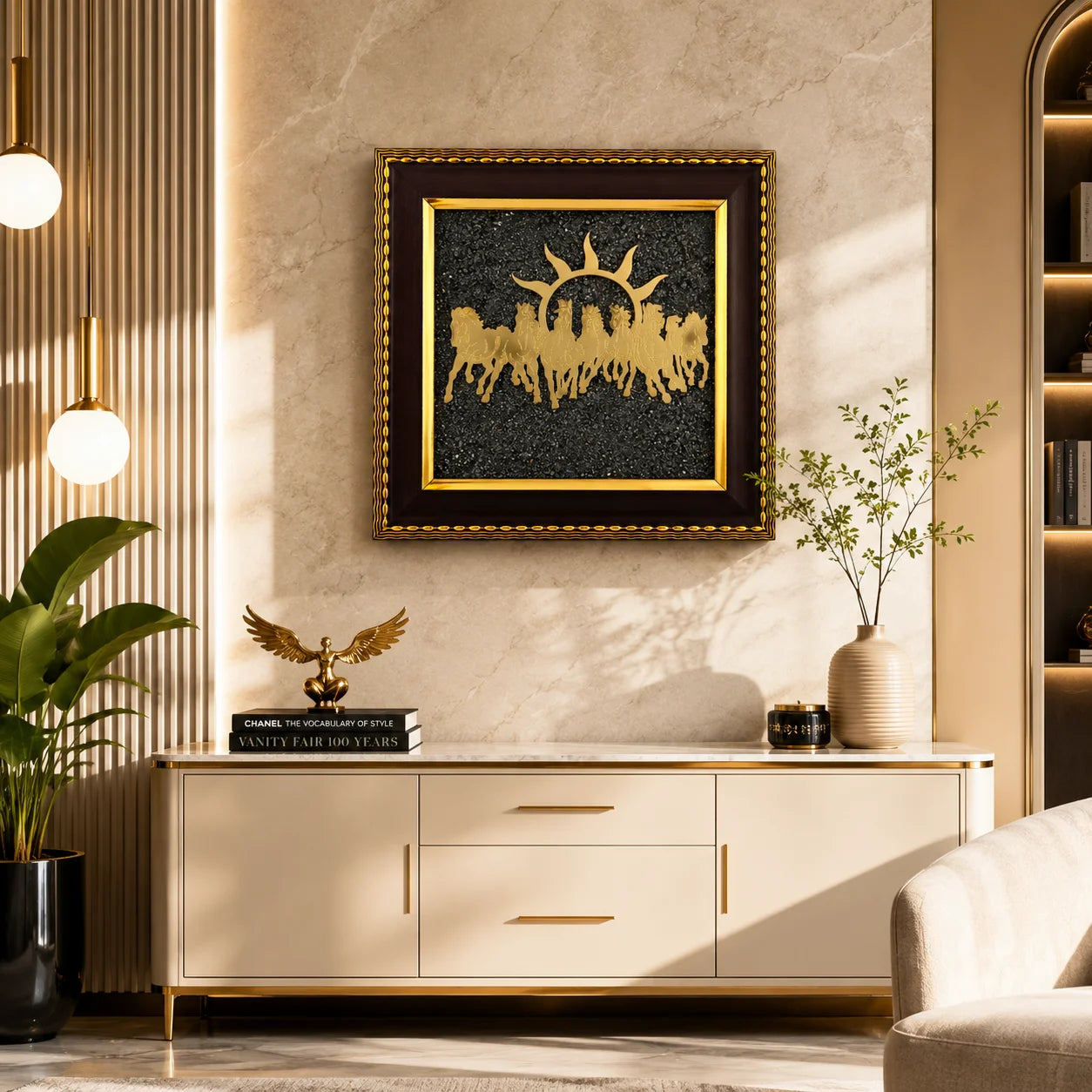 7 Running Horses | Golden Pyrite Crystal Stone Frame | Wealth & Success