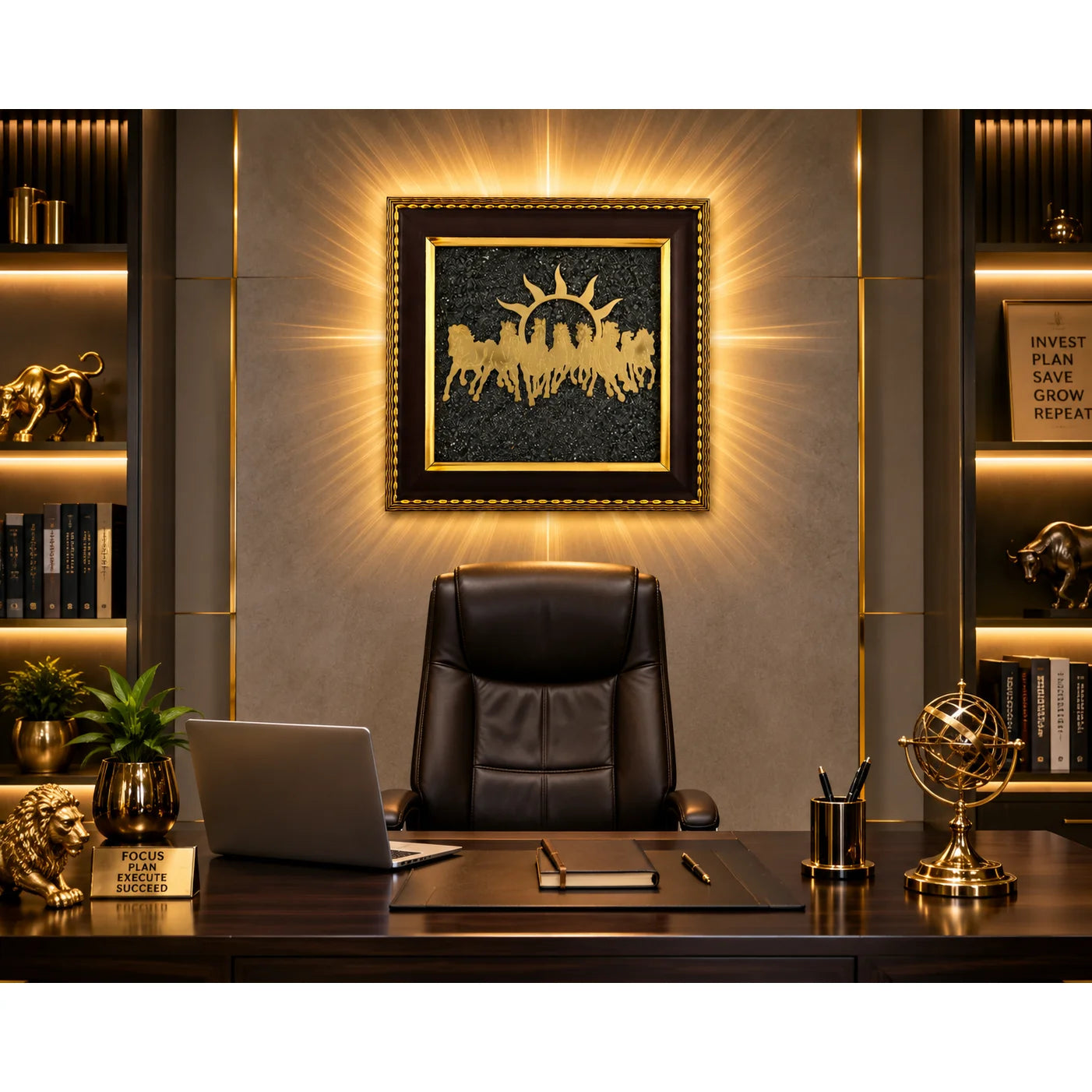 7 Running Horses | Golden Pyrite Crystal Stone Frame | Wealth & Success