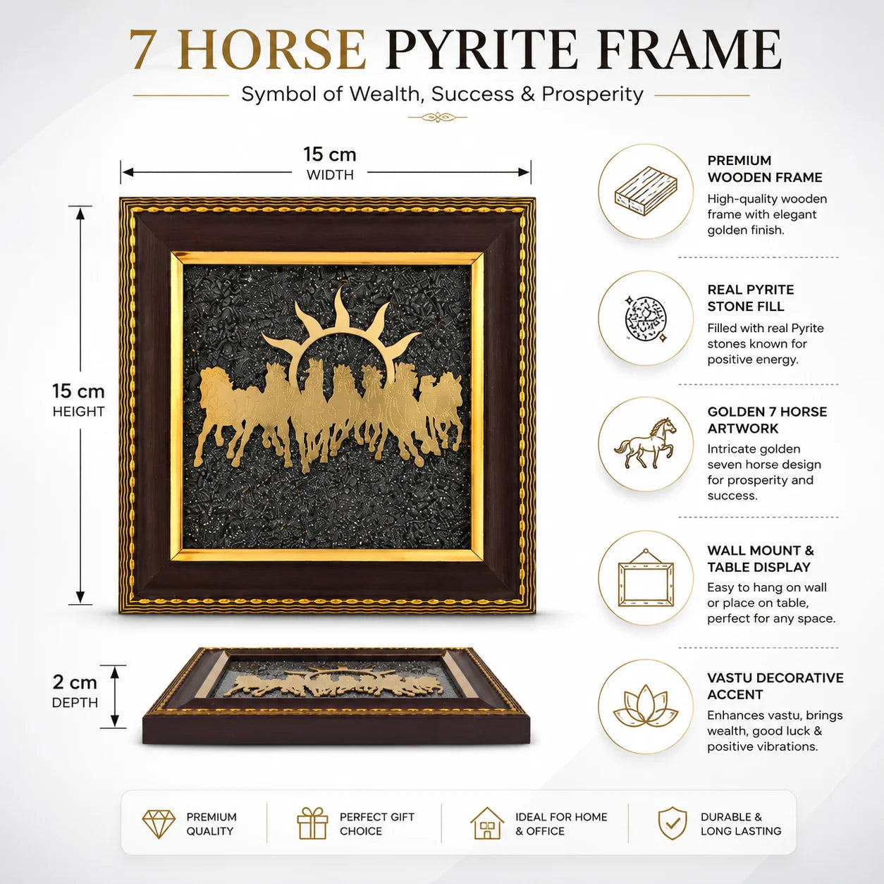 7 Running Horses | Golden Pyrite Crystal Stone Frame | Wealth & Success