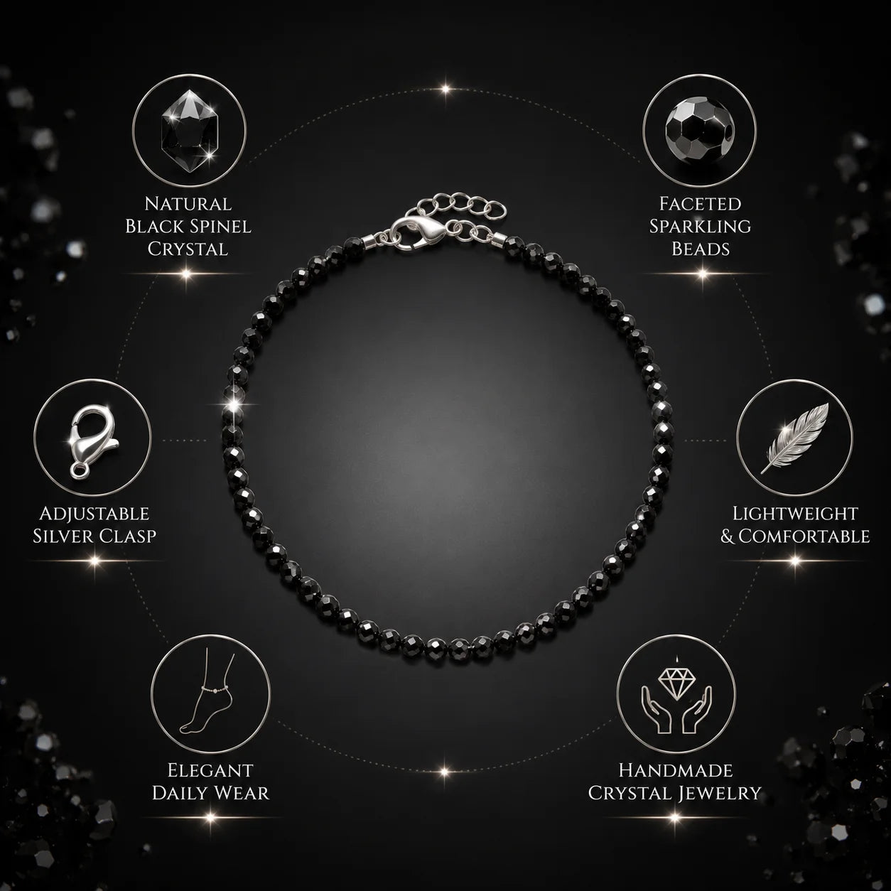 Natural Black Spinel Crystal Stone Anklet | Protection & Grounding