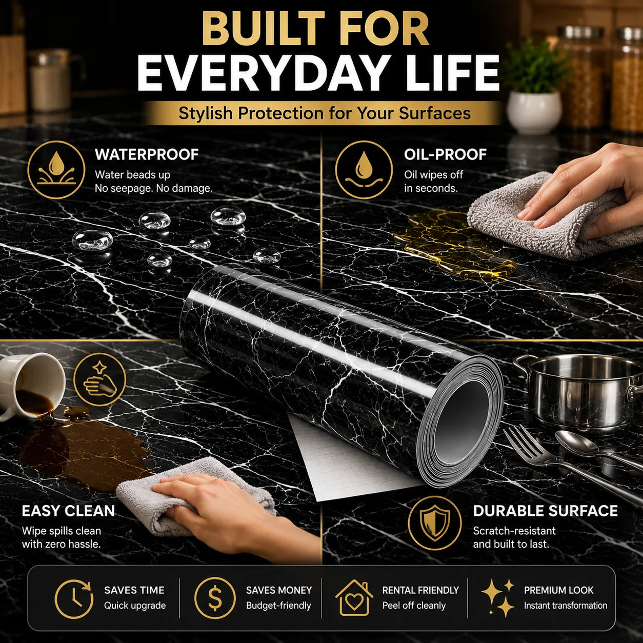 Self-Adhesive Waterproof & Oil-Proof Kitchen Wallpaper | 1 Roll = 60 cm x 200 cm