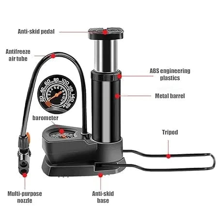 Foot Pump Inflator | Portable Tyre Air Pump with Pressure Gauge